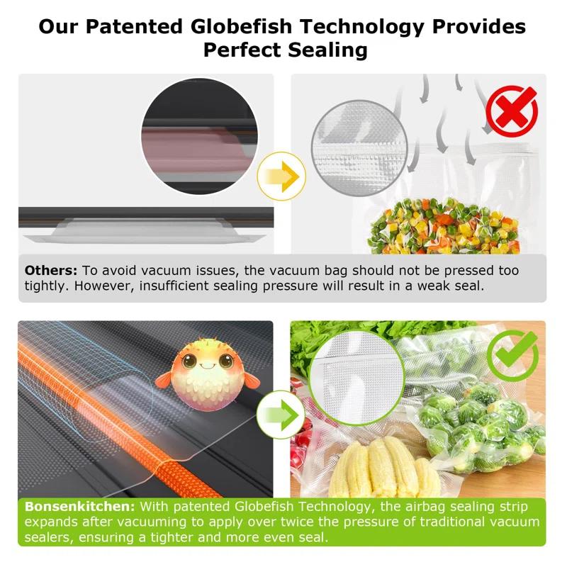 BEACHWATER POOL & SPA, LLC Vacuum Sealer Machine, Powerful Low-Noise Food Vacuum Sealer For High-Speed Continuous Working, Handle Locked Design, Built-In Cutter, 2 Bag Rolls + 100 PCS Vacuum Bags