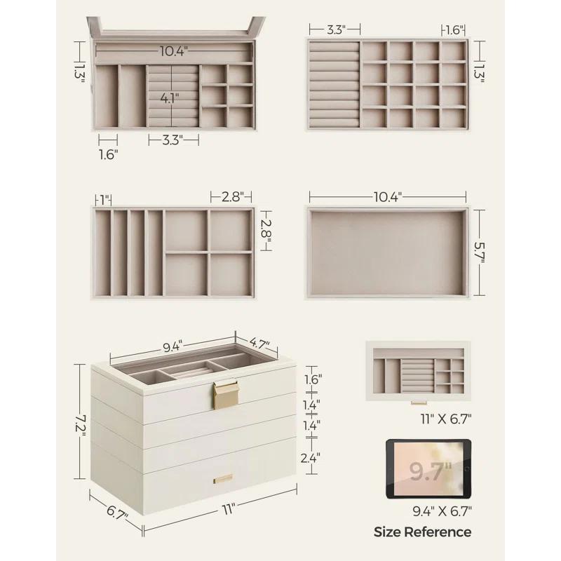 Latitude Run® Stackable Jewelry Trays, 4-Tier Jewelry Box, Drawer Jewelry Organizer, With Glass Lid, Removable Dividers, For Vanity Table, 6.7 X 11 X 7.2 Inches, Cloud White