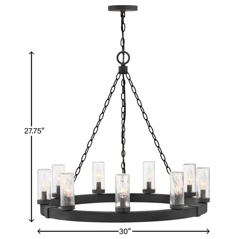 Hinkley Sawyer 30" Nine-Light Outdoor Candle Chandelier w/ Clear Seedy Glass Shades