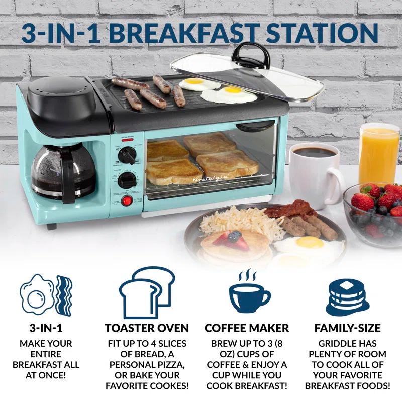 Nostalgia Retro 3-in-1 Family Size Electric Breakfast Station, Coffeemaker, Griddle, Toaster Oven, Aqua