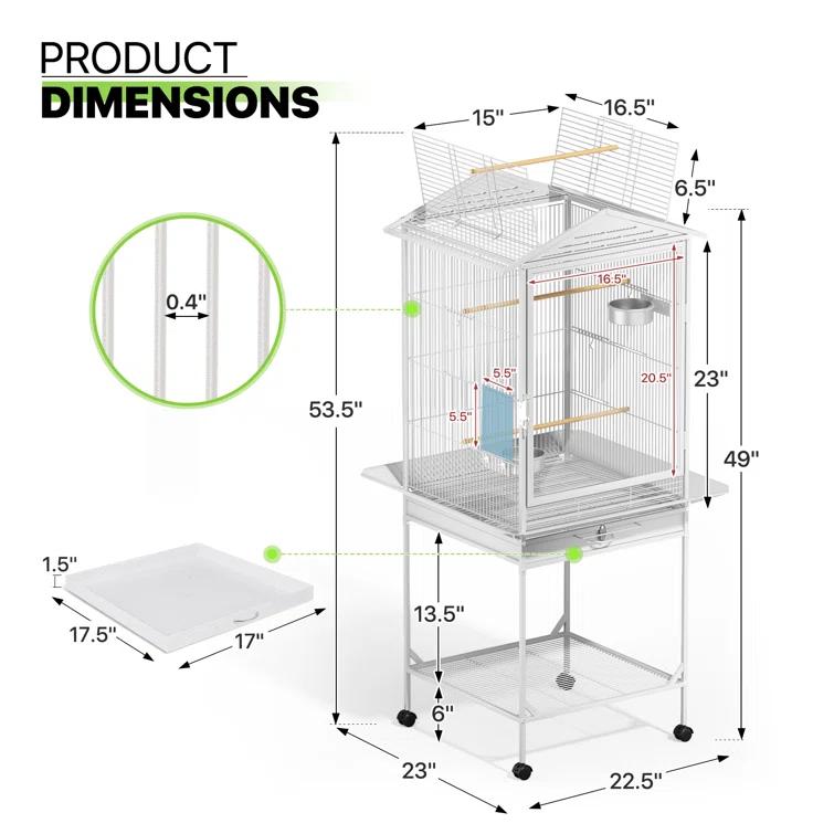 Bring Home Furniture Open Top Bird Cage with Play Area Removable Tray Wooden Perches, and Wheels Suitable for Small Birds Like Budgies Cockatiels and Parakeets