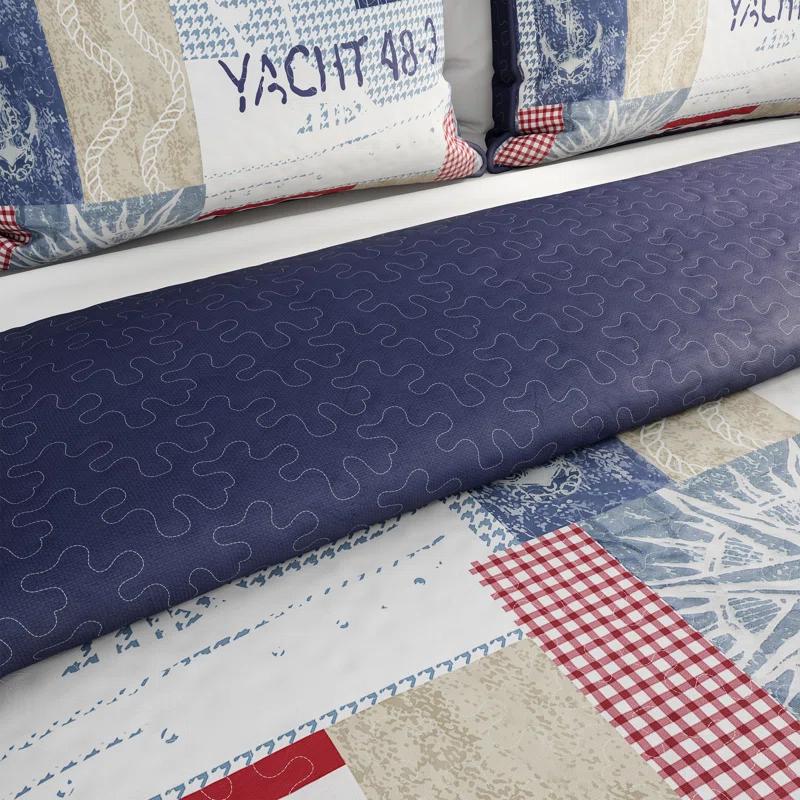 Quilt Set - Nautical Americana Patchwork Print All-Season Soft Microfiber Bedding with Pillow Sham