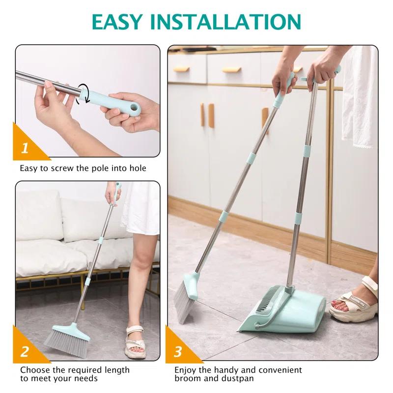 QUALITY FLOORING INC. Broom And Dustpan Set For Home, Broom With Dustpan Cleaning Teeth Combo Set, Indoor Sweep Broom, 55” Long Handle Broom For Office Home Kitchen Lobby Floor