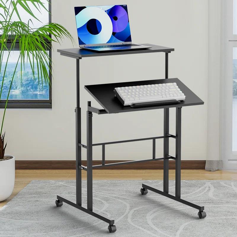 MoNiBloom Mobile Computer Desk, Adjustable Height Laptop Standing Desk with Tilting Tabletop and Monitor Shelf
