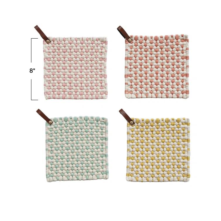 Creative Co-Op Light Hue Cotton Crocheted Pot Holder With Leather Loop (Set of 4)