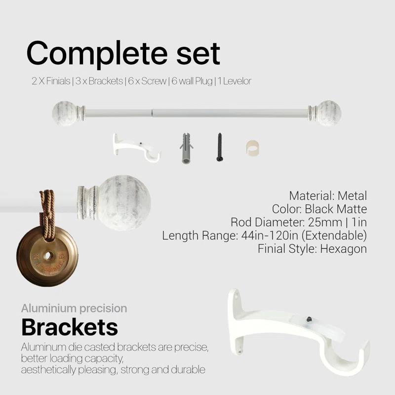 Deco Window Adjustable Curtain Rod for Windows 44 to 120 In Extendable Heavy Duty Iron Drapery Pole with Finials