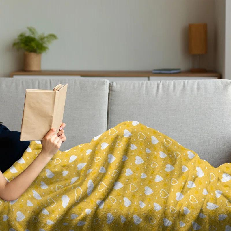 Ambesonne Ambesonne Romantic Fleece Throw Blanket Heart Shapes and Dots Yellow White