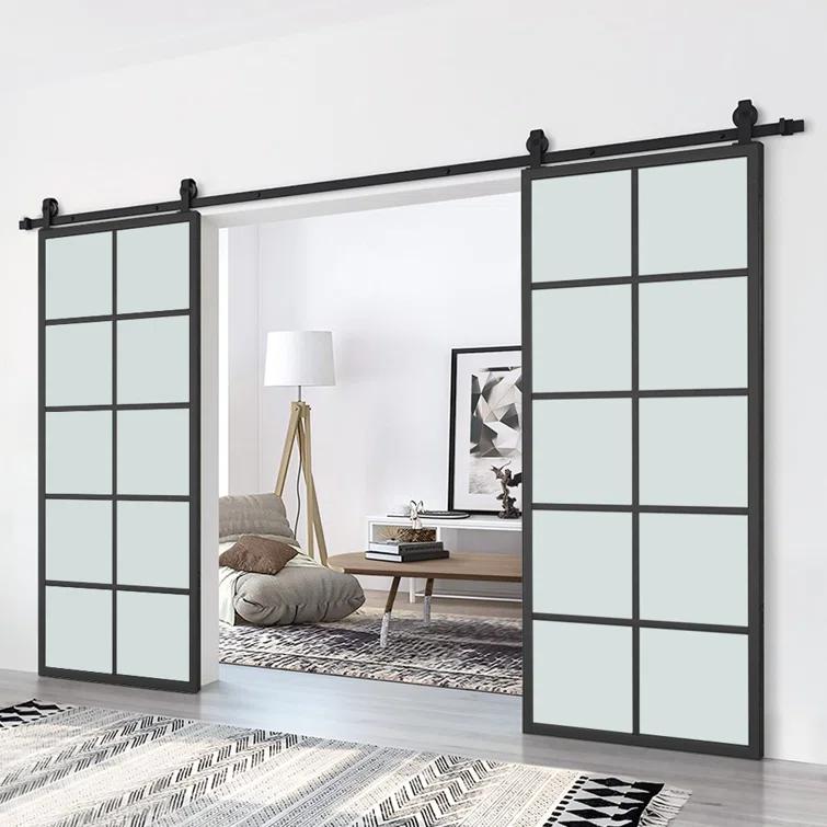 Calhome 84'' Solid Core Glass with Installation Hardware Kit Barn Door