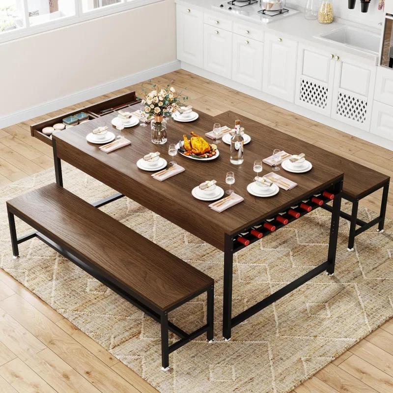 17 Stories Zubie 63"Dining Table Set for 4-6, 3-Piece Kitchen Table with 2 Utensil Drawers,2 Benches&Wine Rack