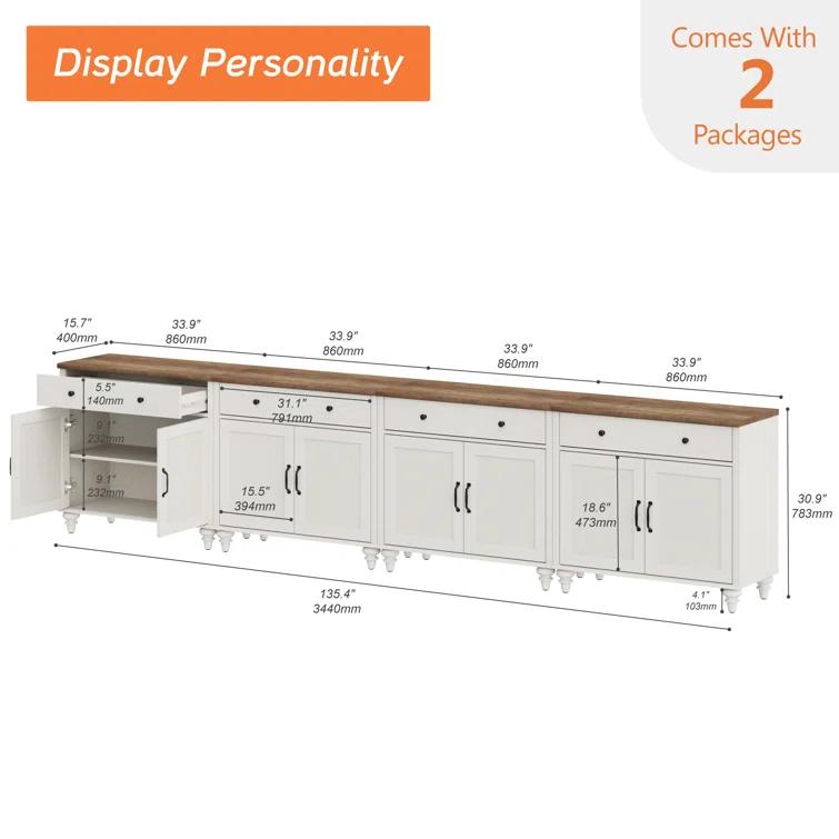 Alcott Hill® Farmhouse TV Stand For 85 Inch TV With 8 Doors And 4 Drawers, Entertainment Center TV Console Table With Storage Cabinets
