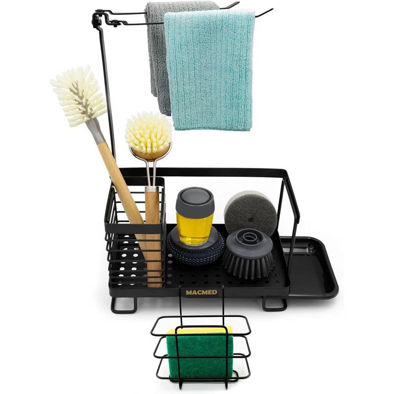 WKING Stainless Steel Kitchen Sink Caddy Organizer With Draining Tray, Rustproof Sponge Holder For Sink, Adjustable Compartments, Space-Saving Design