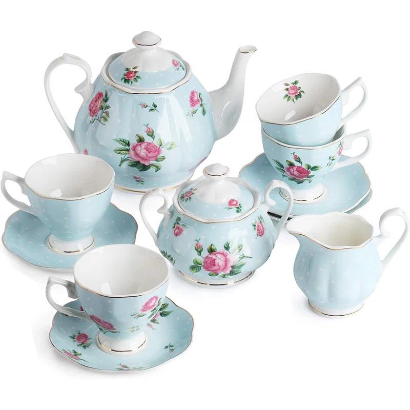 Floral Blue Porcelain Tea Set with Cups and Saucers