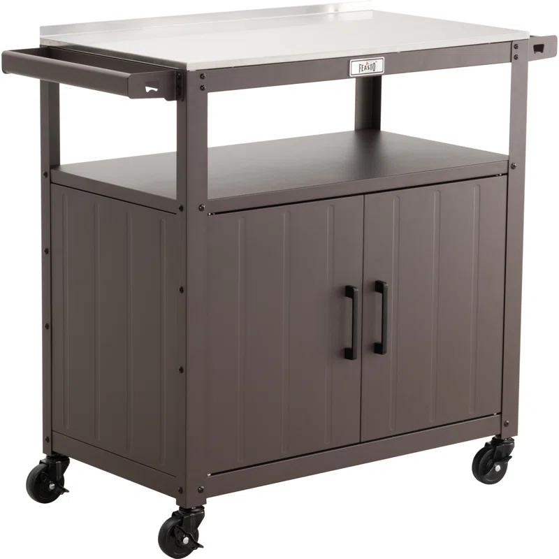 Feasto Feasto Outdoor Grill Cart with Stainless Steel Tabletop and Storage Cabinet, Movable Kitchen Island with Wheels for BBQ Food Prep