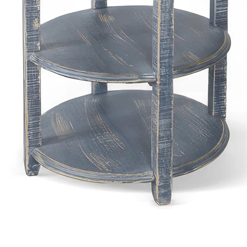 Benjara Rena Side End Table, Scallop Trim, 28 Inch Distressed Blue Mahogany