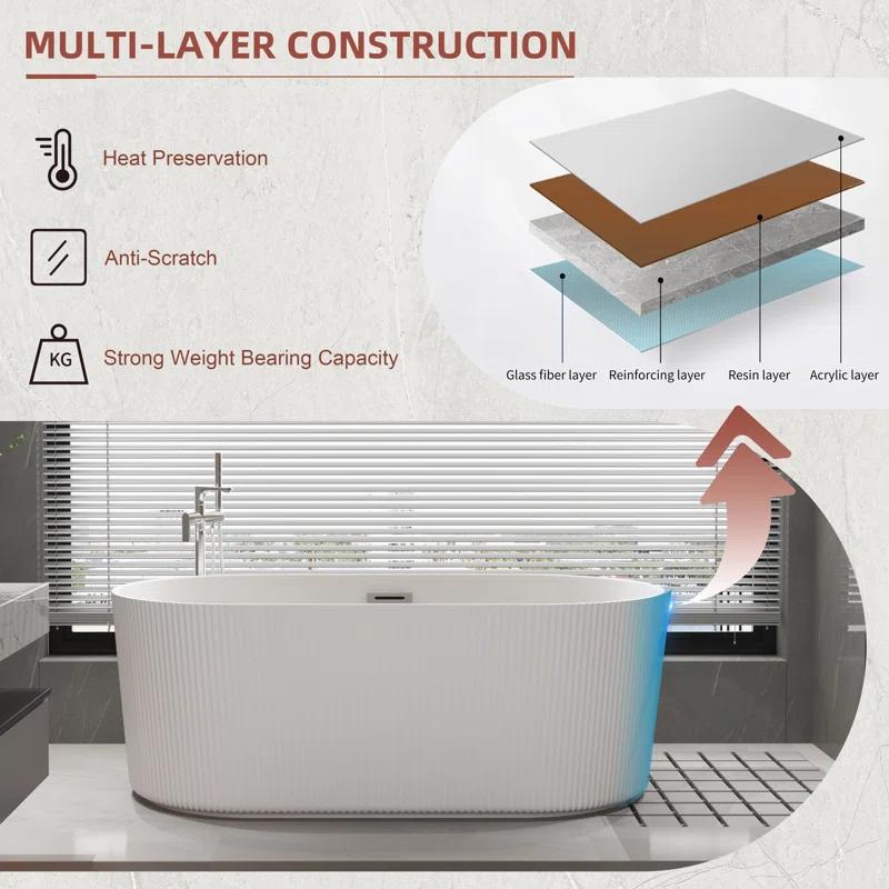 KDK HOME 67 in Freestanding Bathtub Acrylic Deep Soaking Tubs with Overflow