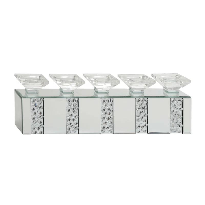 Mercer41 Glass Pillar 5 Plate Decorative Silver Candelabra with Mirrored Accents and Crystals