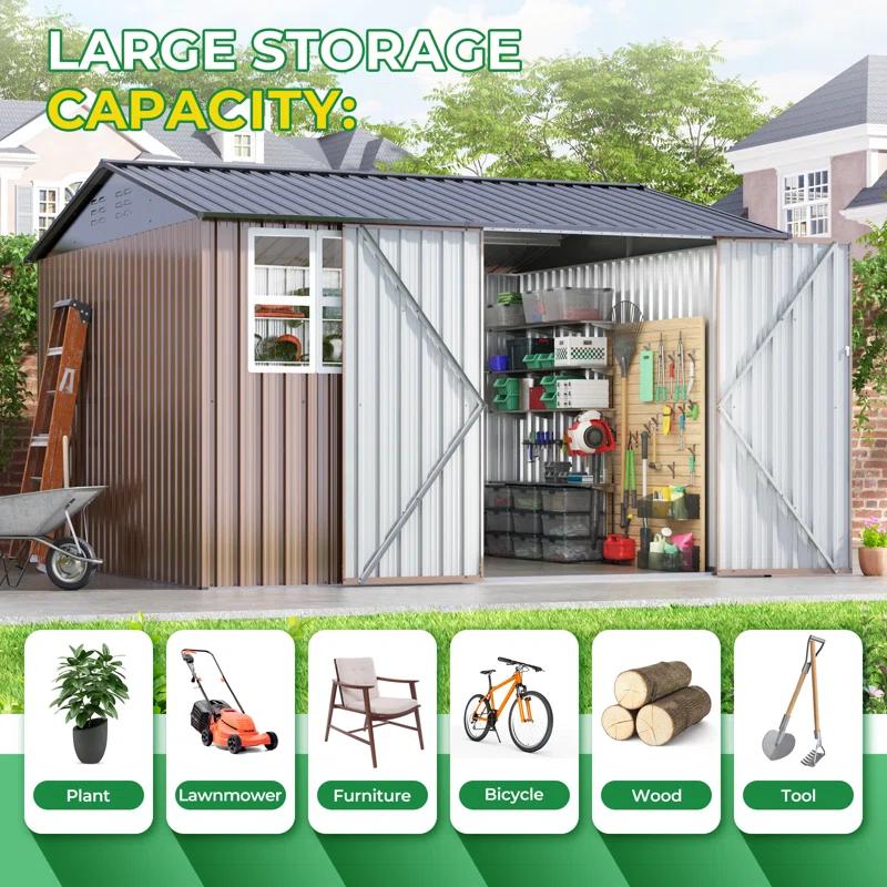 HOGYME 10 ft. W x 10 ft. D Waterproof Metal Storage Shed for Outdoor use With Window And Lockable Door