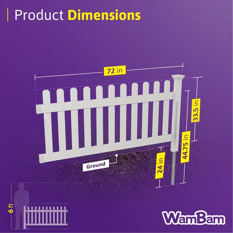 WamBam No-Dig Fence 3ft H x 6ft W (1 Panel + 1 Post) No Dig WamBam Newport Fence Kit, White Vinyl Picket Fence, Easy Install Outdoor Fence for Backyard or Patio, DIY Decorative Fencing, ZP19002