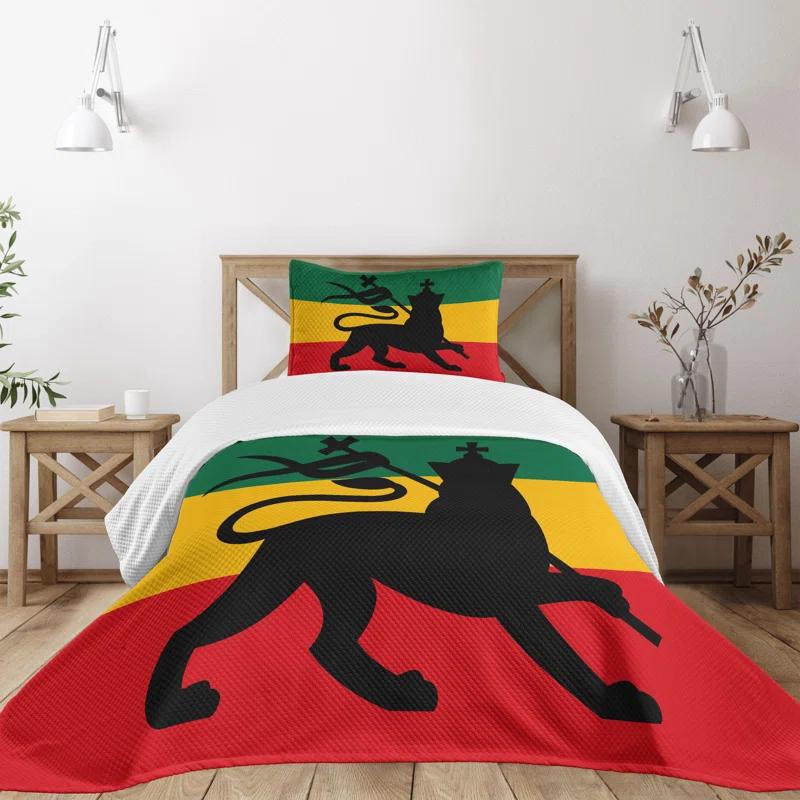 Ambesonne Ambesonne Rasta Bedspread Set Lion Reggae Striped Flag Art Yellow Black