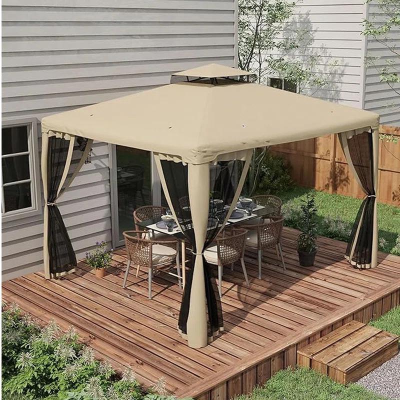 DEBLIT 9.6' x 11.6' Patio Gazebo with 2-Tier Roof and Netting, Steel Outdoor Canopy Gazebo for Garden, Lawn and Backyard, Taupe