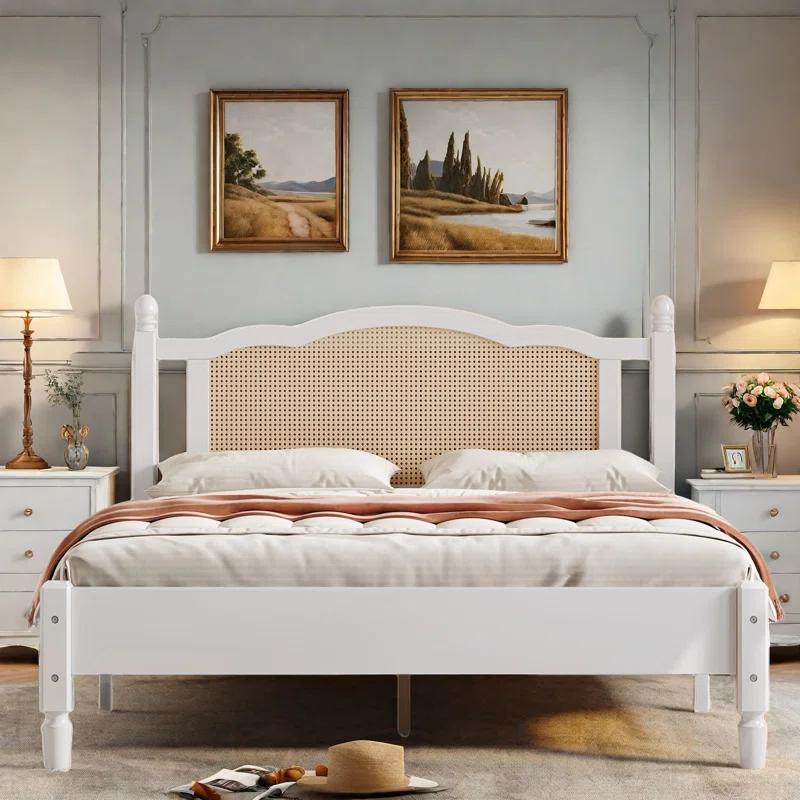 Velvetvanguards Bohemian Wooden Platform Bed With Natural Rattan Headboard And Arc Design