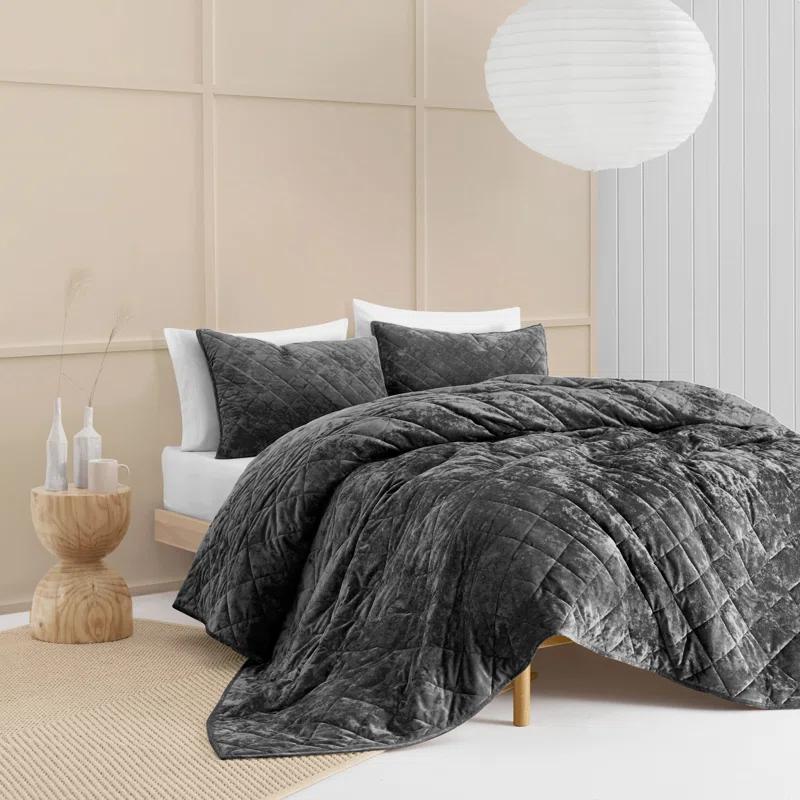 Wonderful Textile Wonderful Velvet & Flannel Quilt Set, Diamond Quilting Lightweight Comforter with Pillow Shams, Holiday Gift