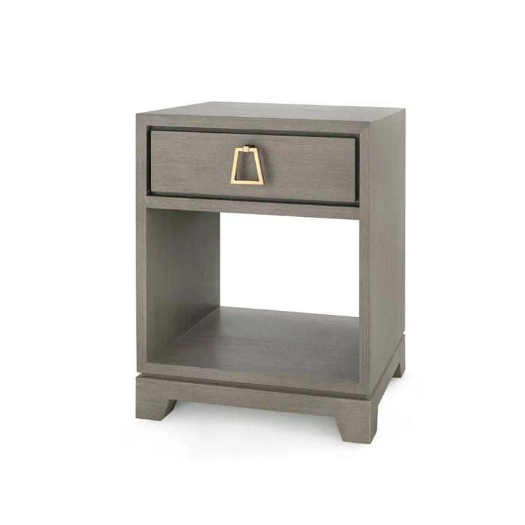 Taupe Gray Wood End Table with Gold Hardware and Storage
