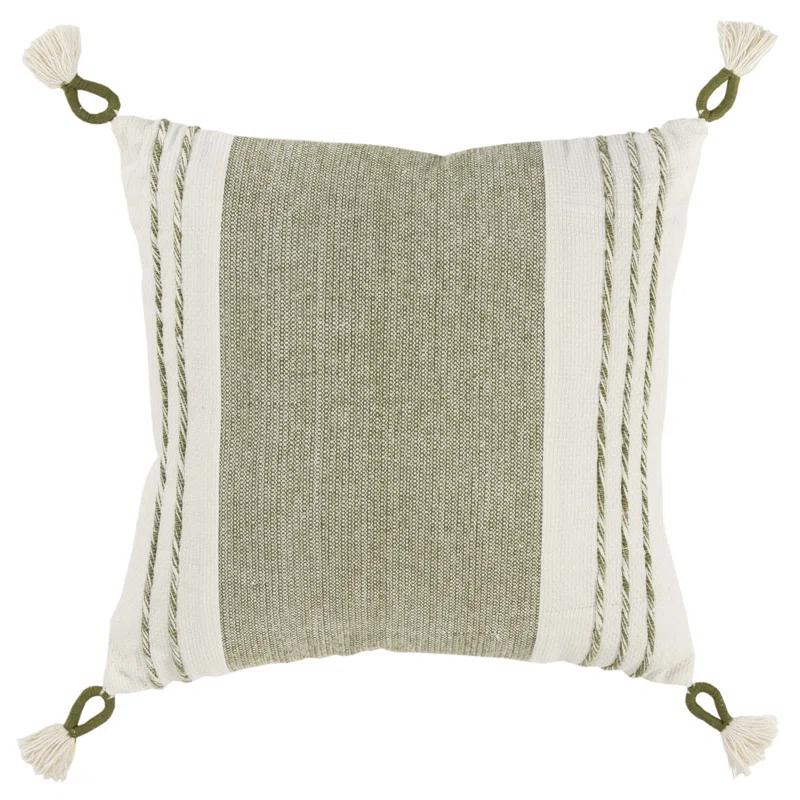 Moss Green and White Cotton Square Decorative Pillow with Tassels
