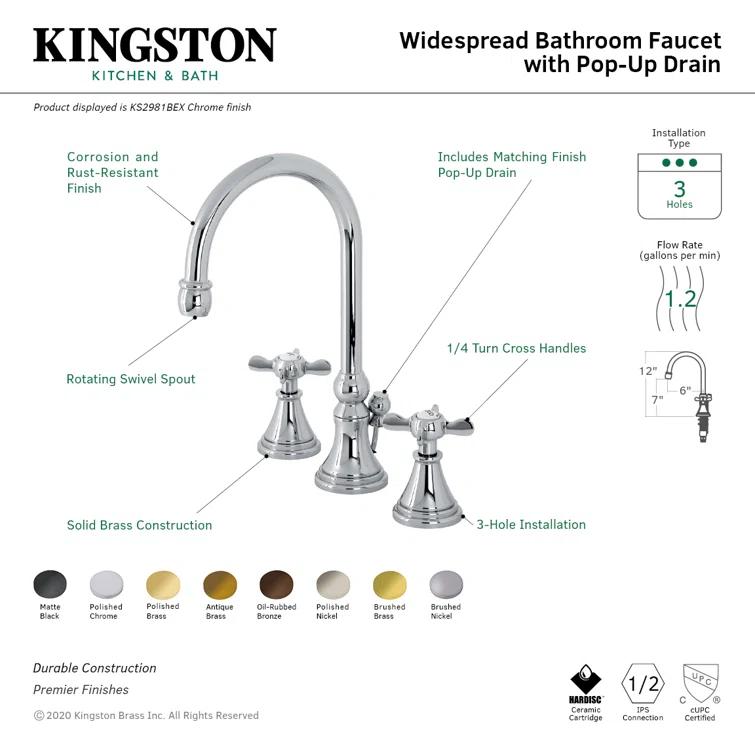 Kingston Brass Kingston Brass Essex Two-Handle 3-Hole Deck Mount Widespread Bathroom Faucet with Brass Pop-Up Drain KS2987BEX