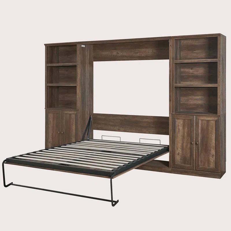 LOONGFIELD Full Size Half Self-Close And Open Murphy Bed With 2 Side Cabinet Storage Shelf, Cabinet Space-Saving Bed Perfect For Guest Room, Bed Room, Guest Room, Home Office