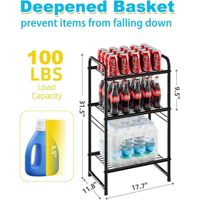 Rebrilliant 3 Tier Wire Shelves For Storage Rack Outdoor Indoor Waterproof, Stackable Metal 17.7-Inch Bathroom Organizer Shelf Stand, Perfect For Kitchen, Black