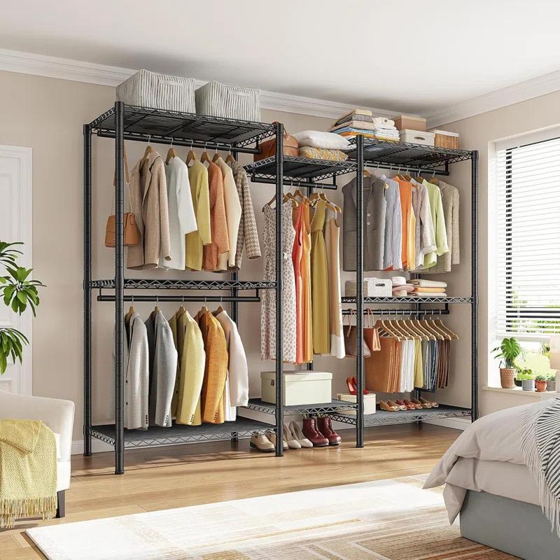 Rebrilliant Clothes Rack, 900LBS Heavy Duty Clothes Rack, Clothing Racks For Hanging Clothes, L Shaped Garment Rack For Corner Freestanding Wardrobe Closet Space Saver 74.5" W X 18" D X 77" H, Black