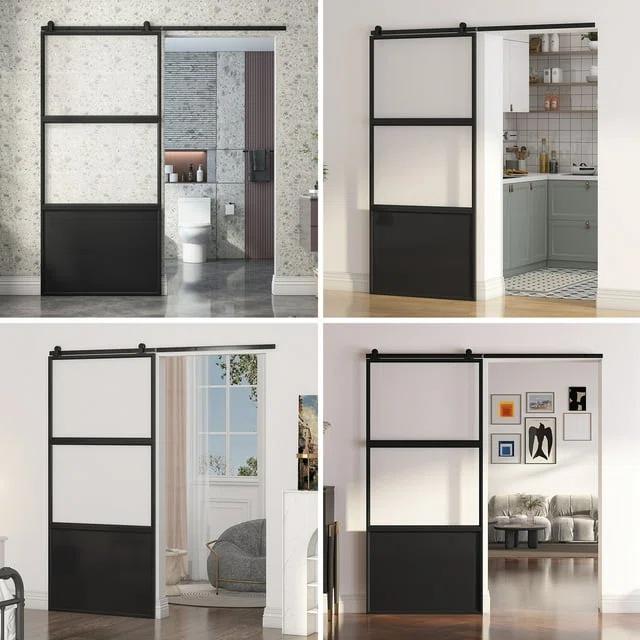 TREEBLING 84" Metal and Glass Sliding Barn Door with Two-Way Soft Close and Installation Hardware Kit