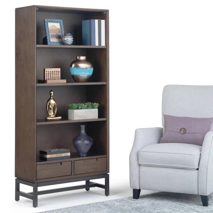 Banting 30"W Solid Wood 4 Shelf Industrial Bookcase with 2 Drawers, Adjustable Shelves, and Metal Base