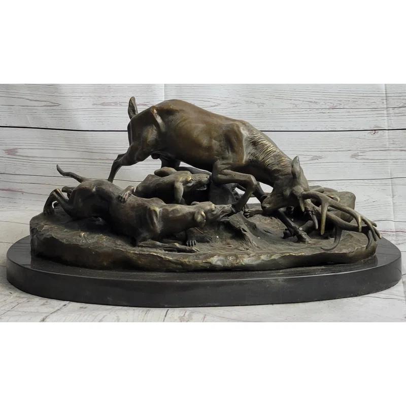 Red Barrel Studio® Sherrie Elk Stag Is Attacked By Pack Of Wild Dogs Bronze Sculpture Statue Antoine Barye Art Decor