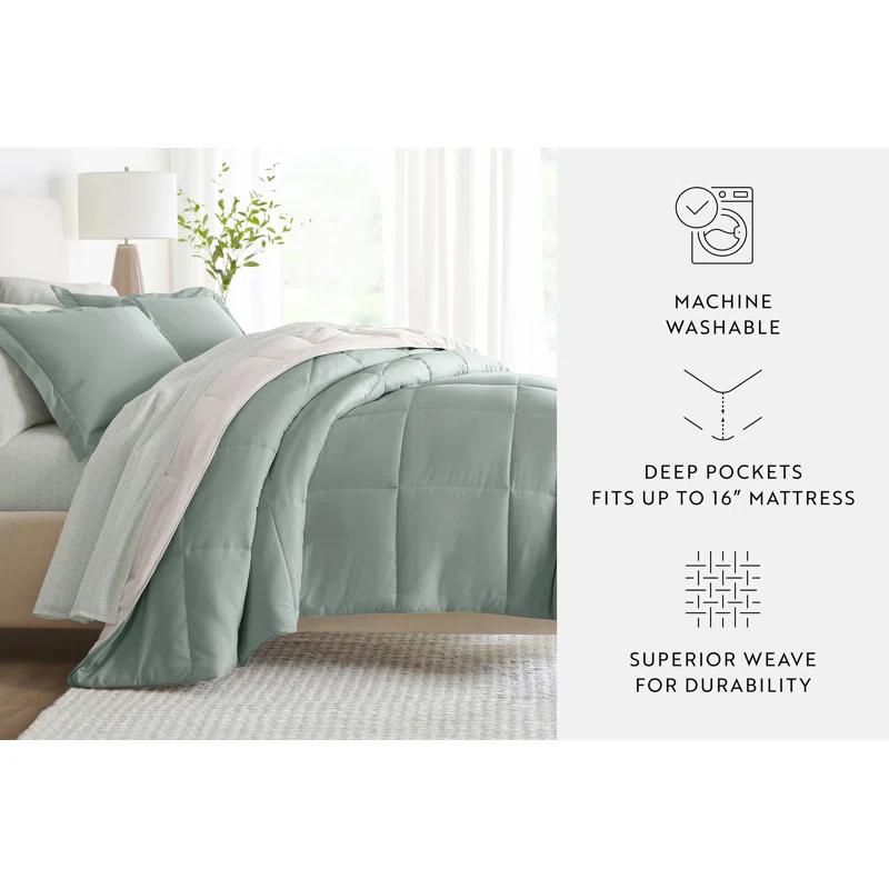IEnjoy Home 7-Piece Reversible Bedding Bundle - Solid Comforter and Patterned Sheet Set
