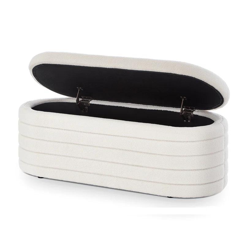 Modern Oval Storage Ottoman Bench, Upholstered Boucle Teddy Fabric End Of Bed Bench With Storage, End Of Bed Stool With Safety Hinge For Bedroom, Living Room, Entryway