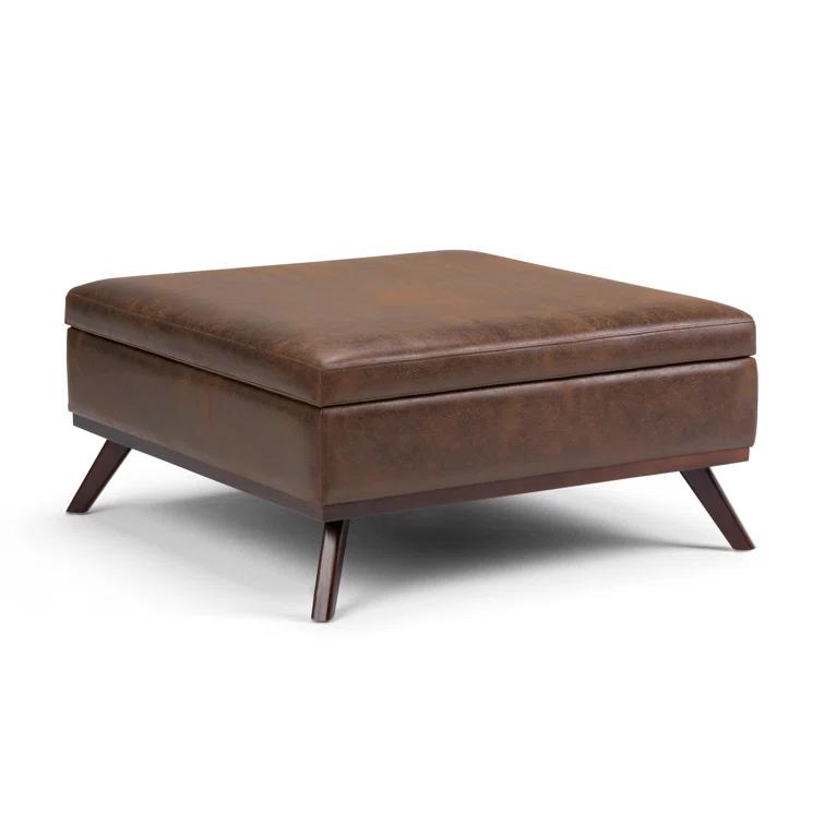 Simpli Home Owen 36"W Upholstered Square Coffee Table Storage Ottoman with Lift Top and Solid Wood Legs