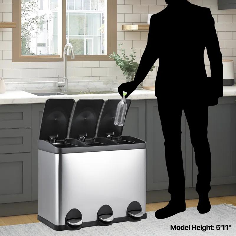 MoNiBloom 12 Gallon Trash Can with 3 Compartments, Step On Garbage Can with Soft-Close Lids and Inner Buckets