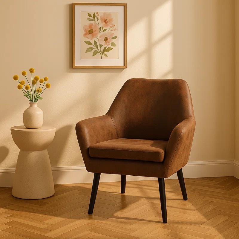Ebern Designs Ringwold Mid-Century Modern Accent Armchair with Aged Fabric Upholstery, Solid Wood Legs