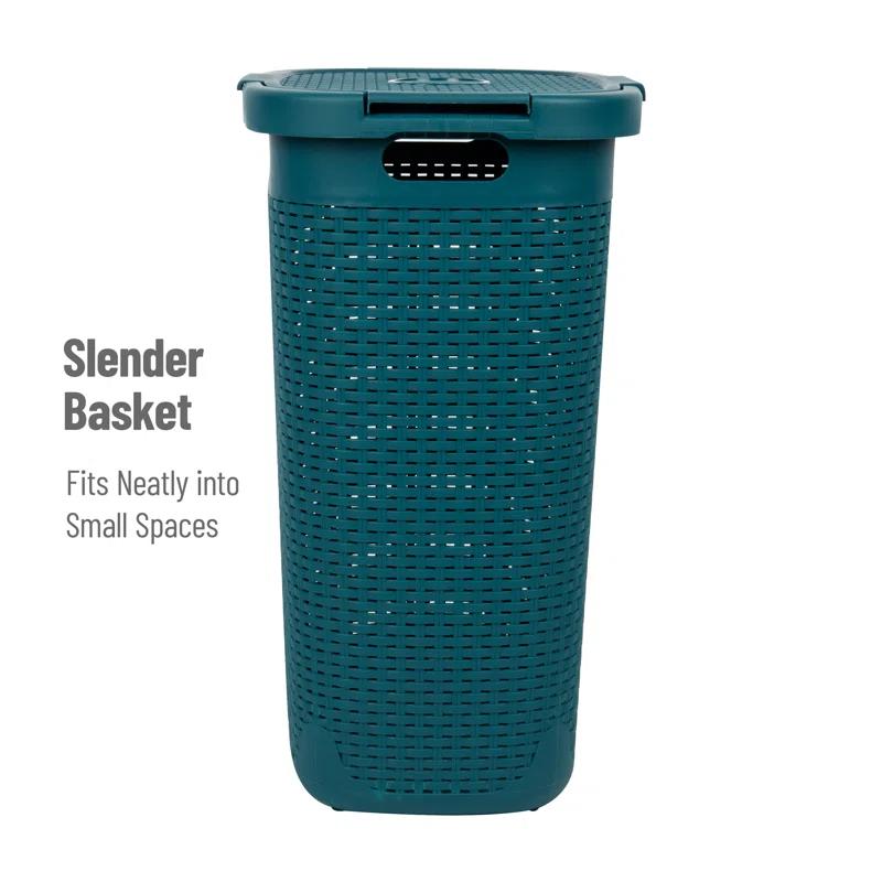 The Twillery Co.® 60L Slim Laundry Hamper, Clothes Basket, Lid, Wicker Style, Plastic