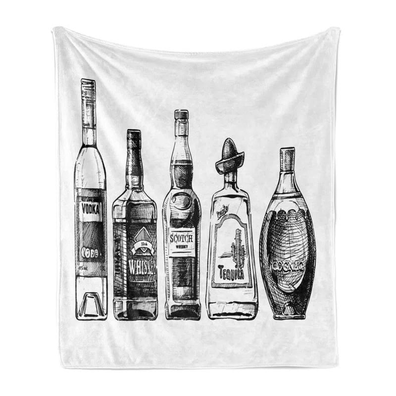 Ambesonne Ambesonne Alcohol Fleece Throw Blanket Ink Drawing Beverages Black and White