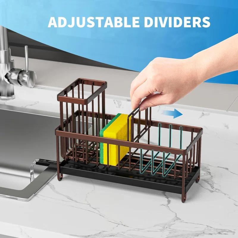 WKING Stainless Steel Kitchen Sink Caddy Organizer With Draining Tray, Rustproof Sponge Holder For Sink, Adjustable Compartments, Space-Saving Design