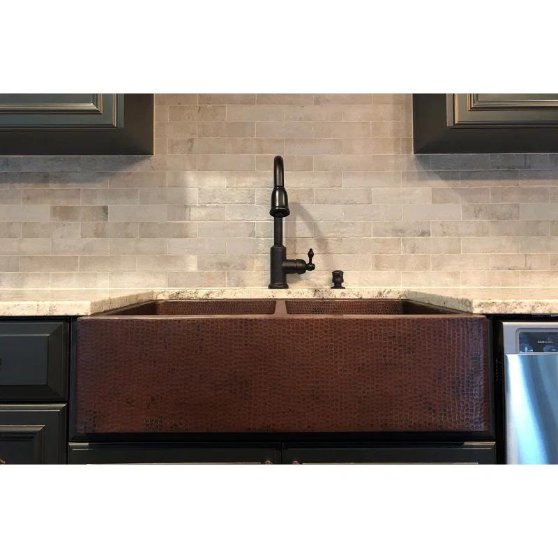Premier Copper Products KA50DB33229 33" Hammered Copper Apron Front 50/50 Double Basin Kitchen Sink