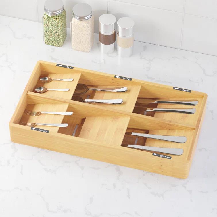 Bamboo Silverware Drawer Organizer with Labels - Kitchen Utensil Tray Holder for Flatware, Cutlery, Spoons, and Knives,Slots