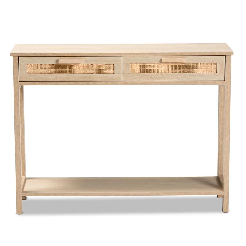 Light Brown Wood Console Table with Rattan Drawers and Shelf