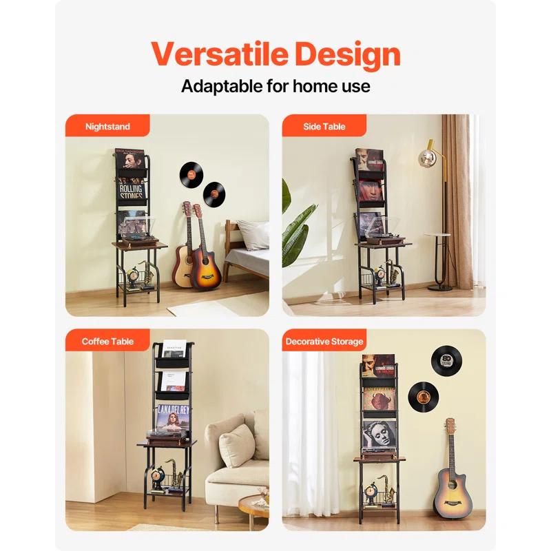 17 Stories 5 Tiers Record Player with LED Light & USB Ports Vinyl Shelf Black