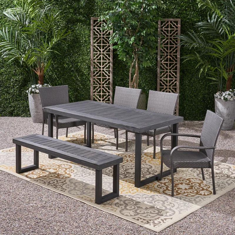 Williston Forge Rhinehart 6 - Person Acacia Wicker Patio Dining Set with Rectangular Table , Cushions Included