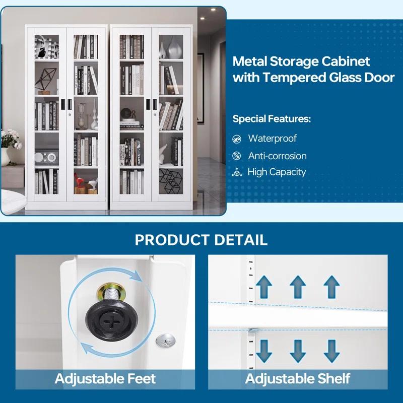 Display Cabinet With Glass Doors, Curio Cabinets With 4 Adjustable Shelves, Locking Glass Cabinet Display Case For Home, Office, Clinic, Pantry, Assemble Required