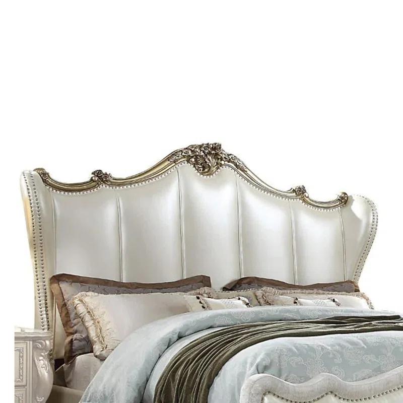 Benjara Ally Bed, White Faux Leather Victorian Carved, White And Silver